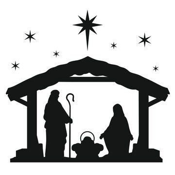 Eine Krippe mit einem Stern darüber, die zwei Figuren in einer Krippe zeigt, mit einem Baby, das in einer Krippe liegt.