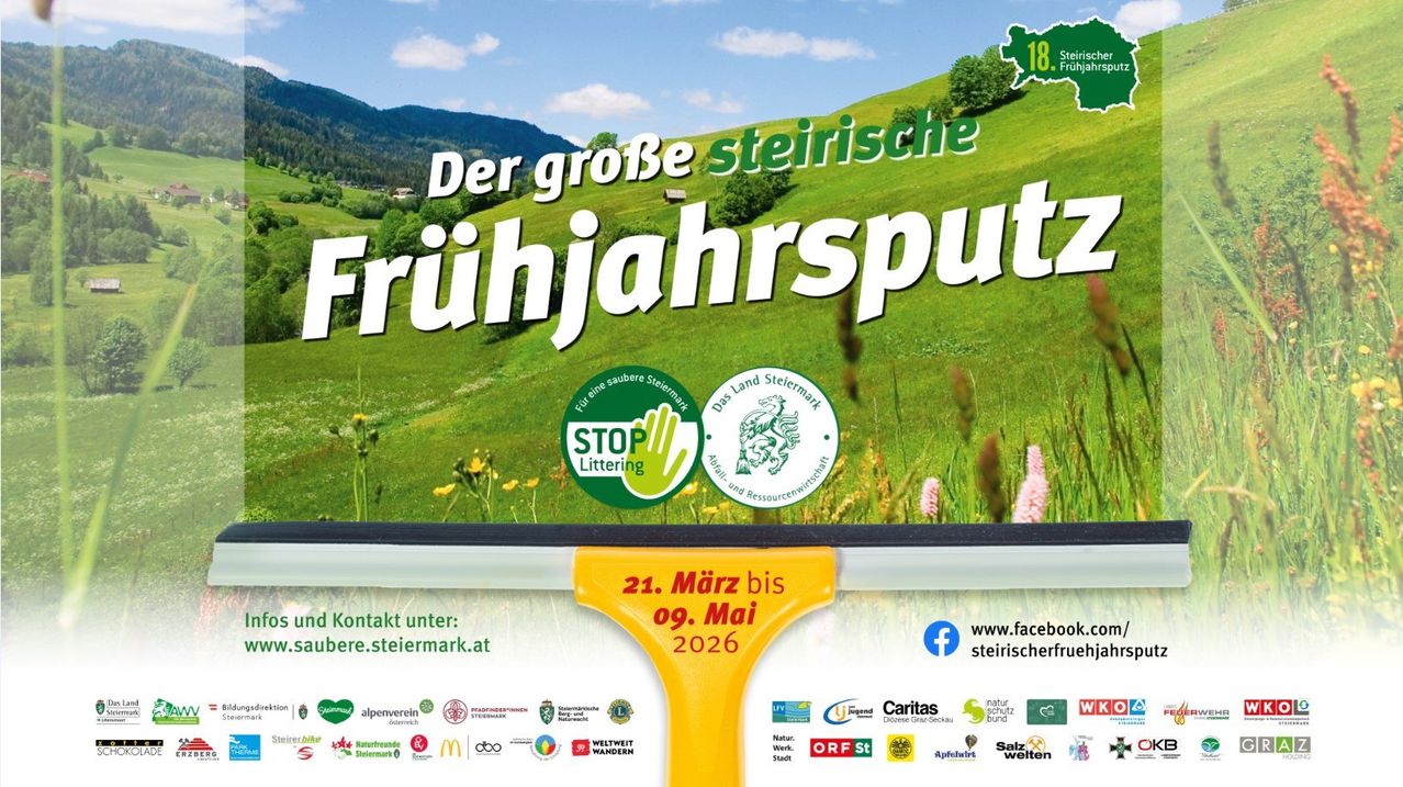 Plakat für die 18. steirische Frühjahrsputzaktion, mit grüner Landschaft, Bergen, Logo und Terminen vom 21. März bis 9. Mai 2026. Website und Kontaktdaten sind angegeben.