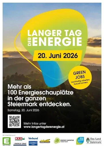 Poster for the Longer Tag der Energie event on June 20, 2026. It features a green bubble with 'Green Jobs' inside, and a website link. QR code is visible.