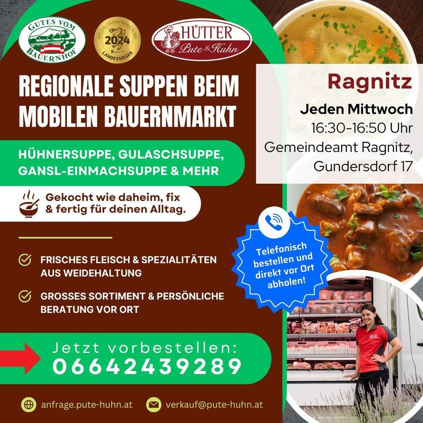 An advertisement for regional soups at a mobile farmers market. Features soups like chicken, goulash, and more. Orders can be placed by phone or directly at the market. Contact details and website provided.