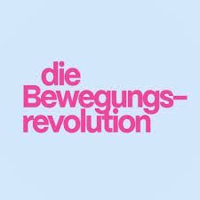 Ein hellblauer Hintergrund mit weißen und rosa Text, der 'die Bewegungsrevolution' lautet.