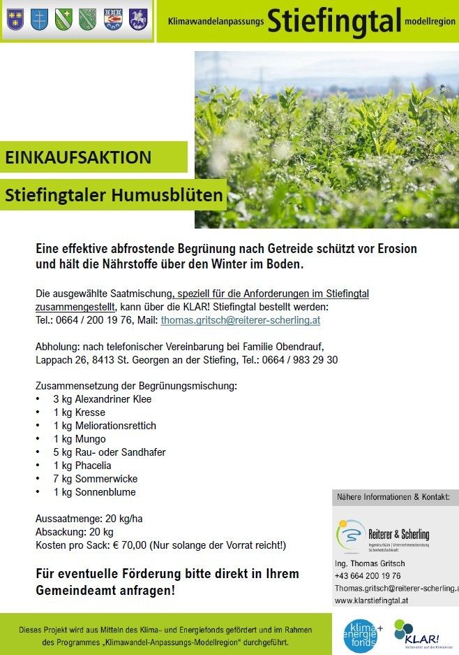 Eine Werbung für Humusblätter zur Winterbodenschutz. Es enthält eine Mischung von Pflanzen und eine Kontakt-E-Mail.