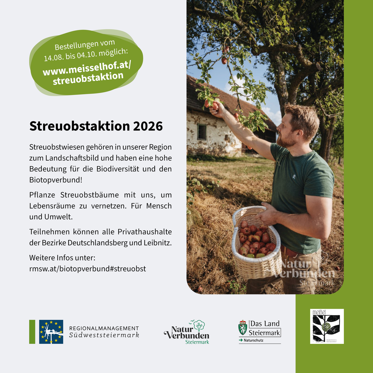 Ein Plakat mit einem Mann, der Obst von einem Baum pflückt, und Text über Streuobstaktion 2026, ein Projekt zum Pflanzen von Obstbäumen in der Region.