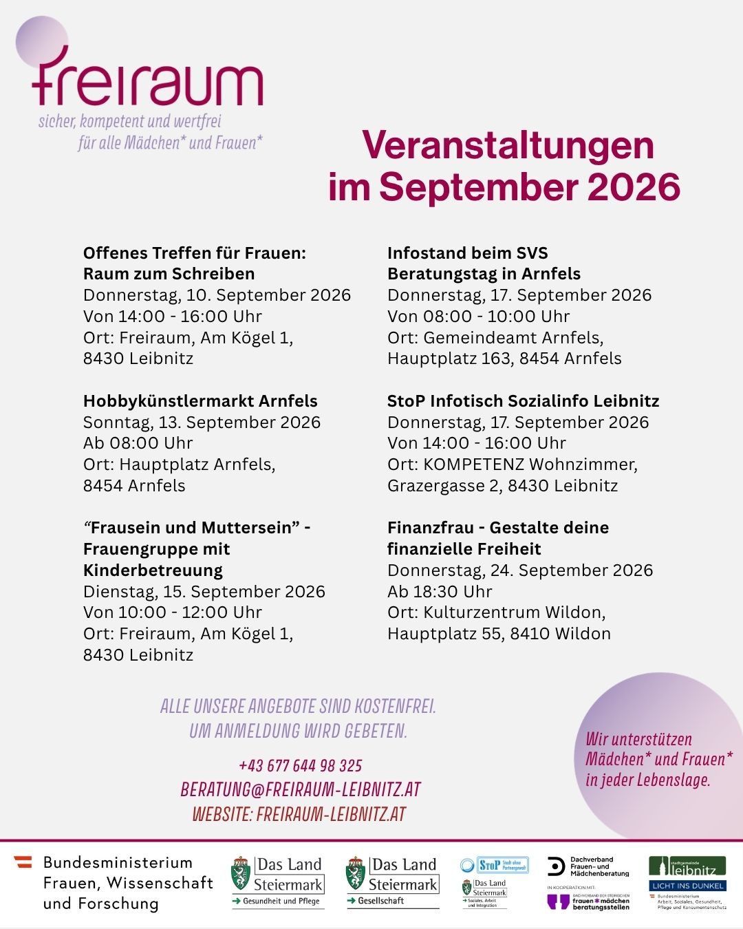 A poster with event details for September 2026. It lists various events including an open meeting for women, a counseling day, a hobby artist market, and a financial counseling session. Each event provides the date, time, and location. The poster also includes contact information and a note that all services are free.