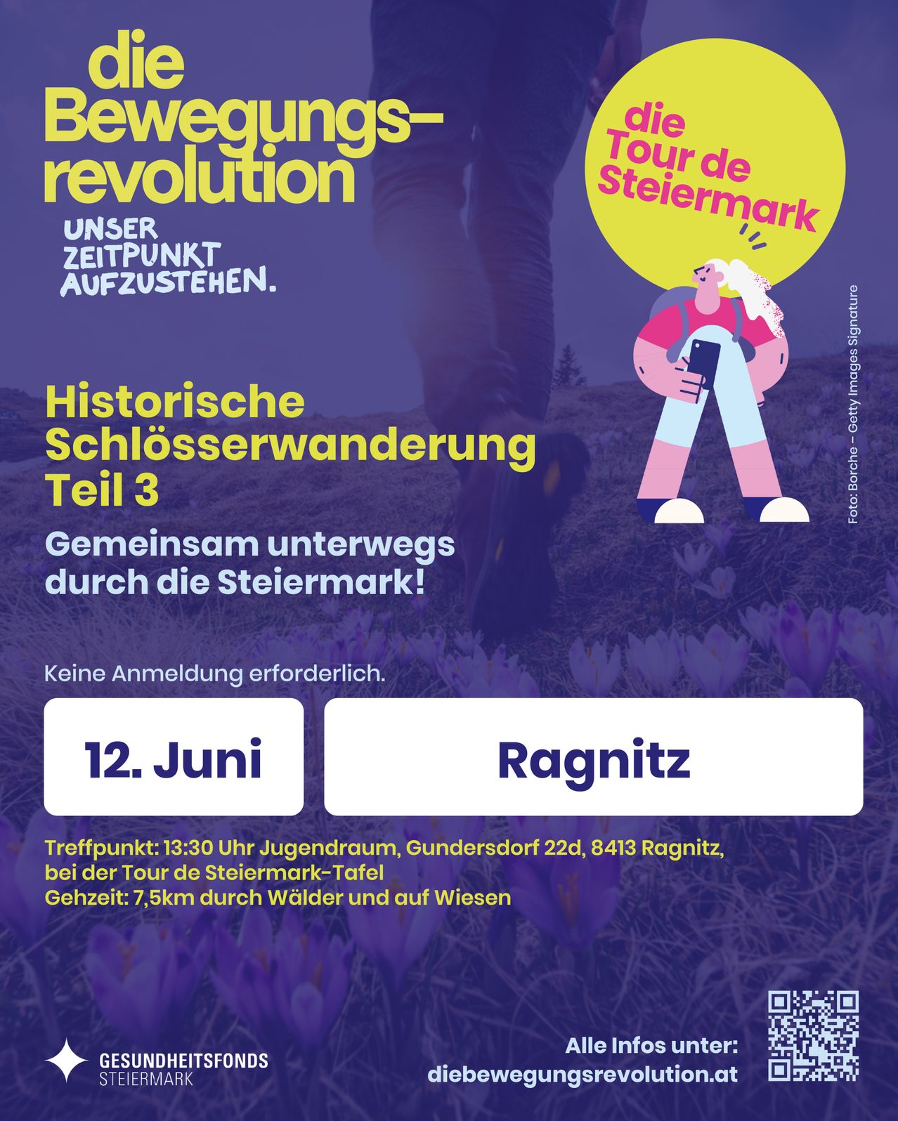 Beteiligen Sie sich an einer historischen Schlosswanderung in der Steiermark, Teil 3. Keine Anmeldung erforderlich. Treffpunkt um 13:30 Uhr am Jugendraum in Gundersdorf. Strecke: 7,5 km durch Wälder und Wiesen.