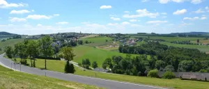 Luftaufnahme einer ländlichen Landschaft mit grünen Feldern, Bäumen und einer Straße. Ein kleines Dorf mit Häusern ist in der Ferne sichtbar. Der Himmel ist blau mit verstreuten Wolken.