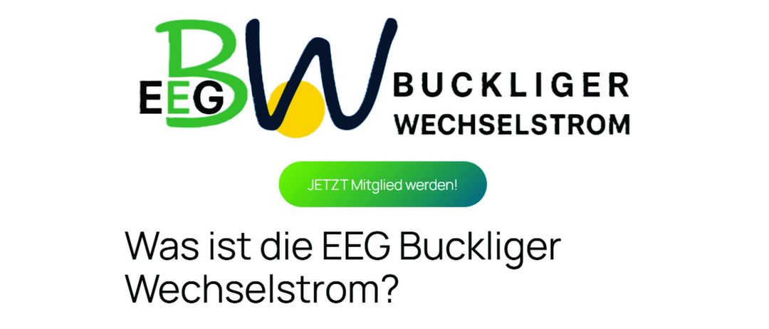 Das Bild ist eine Ankündigung über die EEG Buckliger Wechselstrom, eine erneuerbare Energiegenossenschaft. Es enthält einen Button zum Beitreten, das Datum und die Uhrzeit eines Infoabends und den Veranstaltungsort.