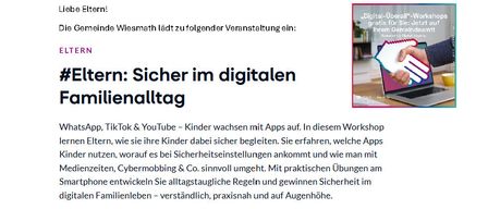Das Workshop lehrt Eltern, wie sie die Sicherheit ihrer Kinder mit Apps gewährleisten können. Sie erfahren, welche Apps für Kinder sicher sind und wie man mit Cybermobbing und anderen Bedrohungen umgeht. Die Veranstaltung ist kostenlos.