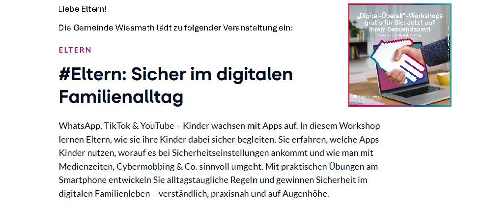 Das Workshop lehrt Eltern, wie sie die Sicherheit ihrer Kinder mit Apps gewährleisten können. Sie erfahren, welche Apps für Kinder sicher sind und wie man mit Cybermobbing und anderen Bedrohungen umgeht. Die Veranstaltung ist kostenlos.