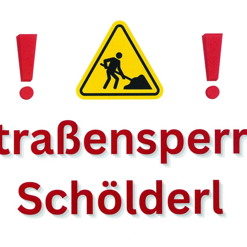Ein Bild mit einem gelben Dreiecksschild, das eine Person beim Graben zeigt, roten Ausrufezeichen auf beiden Seiten und rotem Text, der 'traBensperr Schölderl' darunter steht.