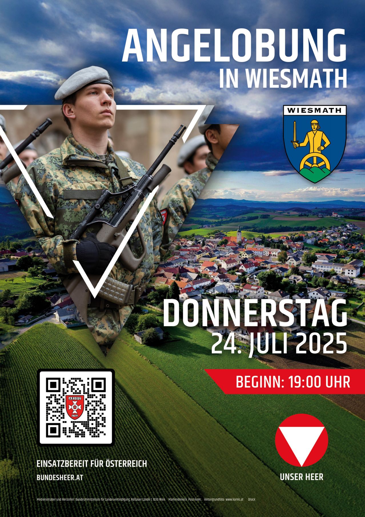 Plakat für eine militärische Veranstaltung in Wiesmath am 24. Juli 2025. Ein Soldat steht mit einem Gewehr, und die Veranstaltung beginnt um 19:00 Uhr. Das Wappen der Stadt ist abgebildet.