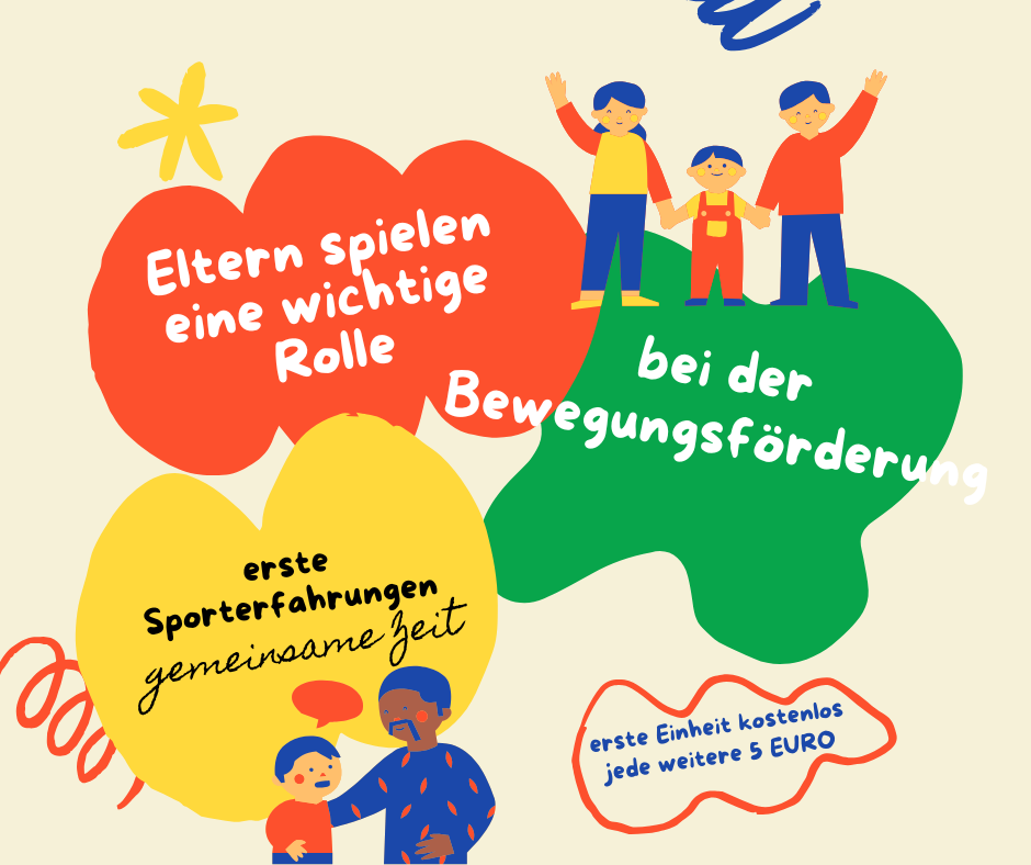 Eine Illustration zeigt Eltern und Kinder bei sportlichen Aktivitäten, wobei die Bedeutung der Eltern für die körperliche Entwicklung der Kinder hervorgehoben wird. Es wird auf den kostenlosen Eintritt des ersten Kindes und die zusätzlichen Gebühren für jedes weitere Kind hingewiesen.