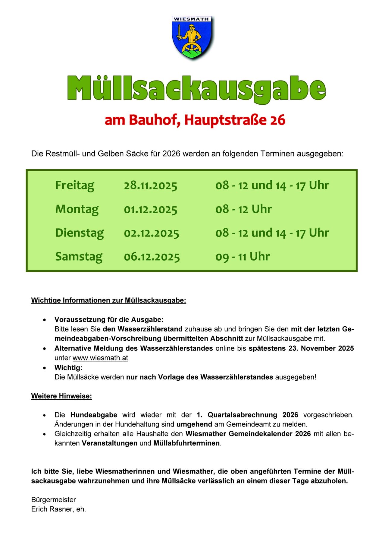 Ein Plakat über die Ausgabe von Müllsäcken am Bahnhof, Hauptstraße 26. Es listet die Termine und Zeiten für die Ausgabe im Jahr 2026 auf. Wichtige Informationen werden zur Mitbringung des Wasserzählerstands und zur Online-Registrierung gegeben.