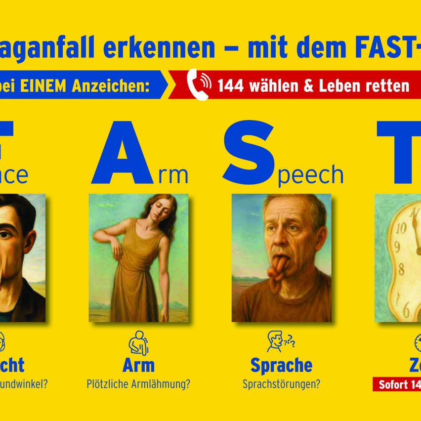 Ein gelbes Plakat mit dem FAST-Akronym, das auf Schlaganfallsymptome hinweist: Gesichtslähmung, Armschwäche und Sprachstörungen. Es zeigt Bilder von Menschen mit diesen Symptomen und ruft zum Handeln auf, indem es zum Wählen von 144 auffordert.