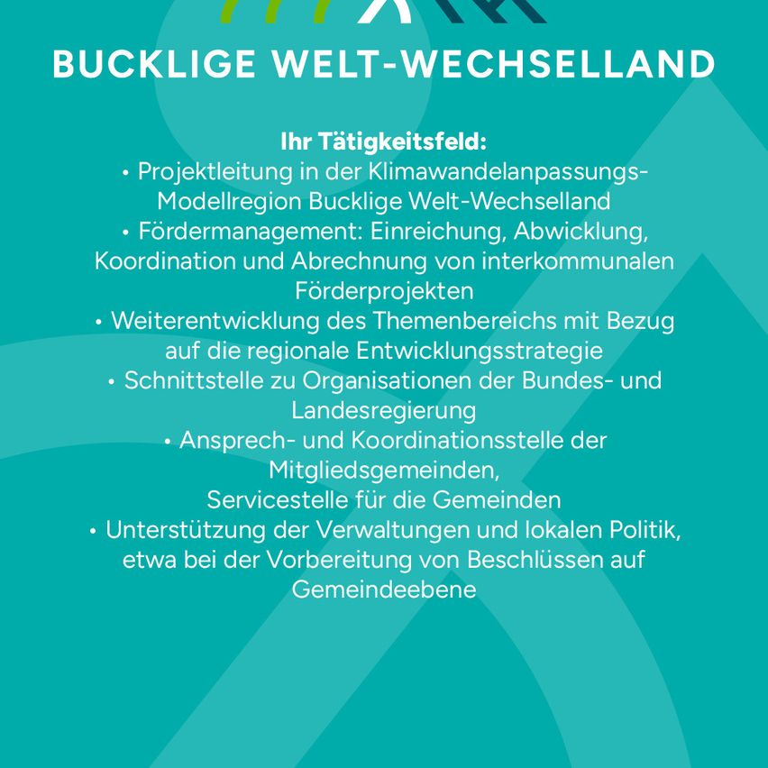 Ein Informationsposter über das Bucklige Welt-Wechselland-Projekt, das Projektmanagement, Fördermanagement und regionale Entwicklungsstrategien beschreibt. Es dient als Kontakt- und Koordinationsstelle für Mitgliedsgemeinden und Gemeinden.