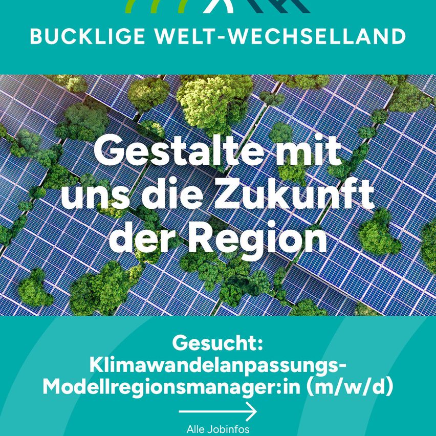 Eine Vogelperspektive auf eine Solarfarm mit grünen Bäumen und Pflanzen. Der Text lautet 'Gestalte mit uns die Zukunft der Region'. Darunter steht eine Einladung zur Bewerbung für einen Manager für eine Modellregion zur Anpassung an den Klimawandel.