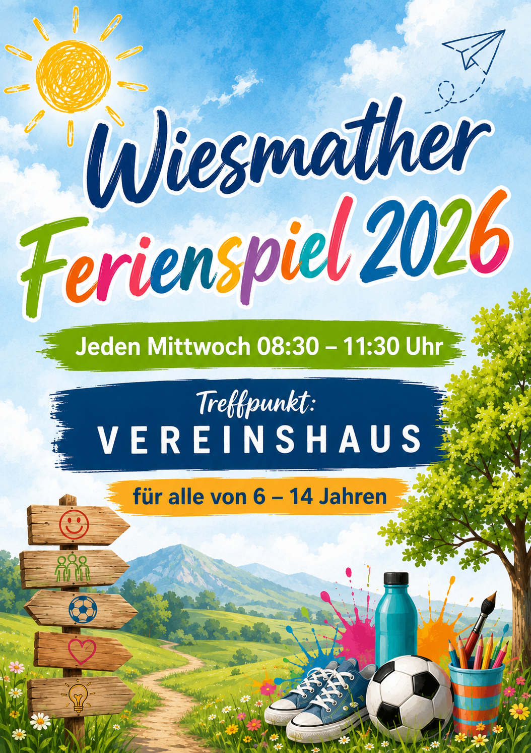 Wiesmather Ferienspiel 2026: Jeden Mittwoch von 08:30 - 11:30 Uhr im Vereinshaus für alle von 6-14 Jahren. Merkmale: lächelndes Gesicht, Menschen, Fußball und Pinsel.