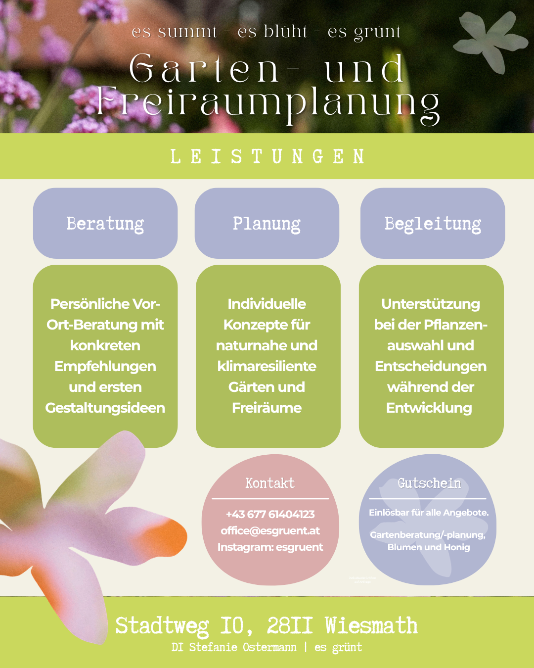 Ein Infografik für Garten- und Freiraumplanungsdienste. Drei Dienstleistungen: persönliche Beratung, Planung und Unterstützung. Kontaktinformationen werden bereitgestellt.
