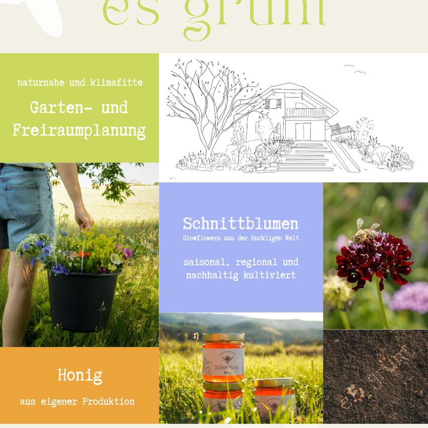 Eine Website, die einen Garten mit Blumen und einem Haus zeigt. Es bietet saisonale, regionale und nachhaltige Blumenzucht. Honig aus eigener Produktion wird ebenfalls angezeigt.