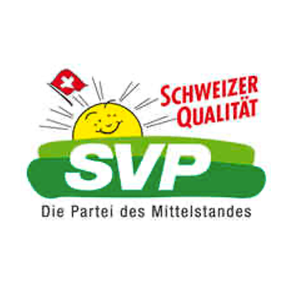 Logo der SVP, Schweizerischen Volkspartei, mit einem lächelnden Sonnenschein, einer Schweizer Flagge und dem Text 'SCHWEIZER QUALITAT'. Darunter steht 'Die Partei des Mittelstandes'.