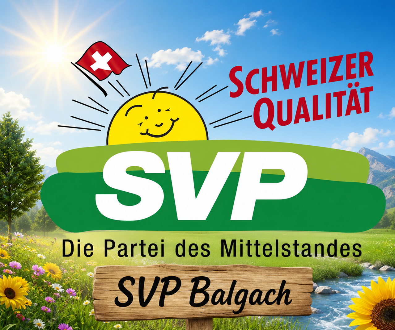 Ein Plakat für SVP Balgach, eine Schweizer politische Partei, mit einem lächelnden Sonnenschein, einer Schweizer Flagge und einem Holzschild mit dem Text SVP Balgach auf einem grünen Hügel.
