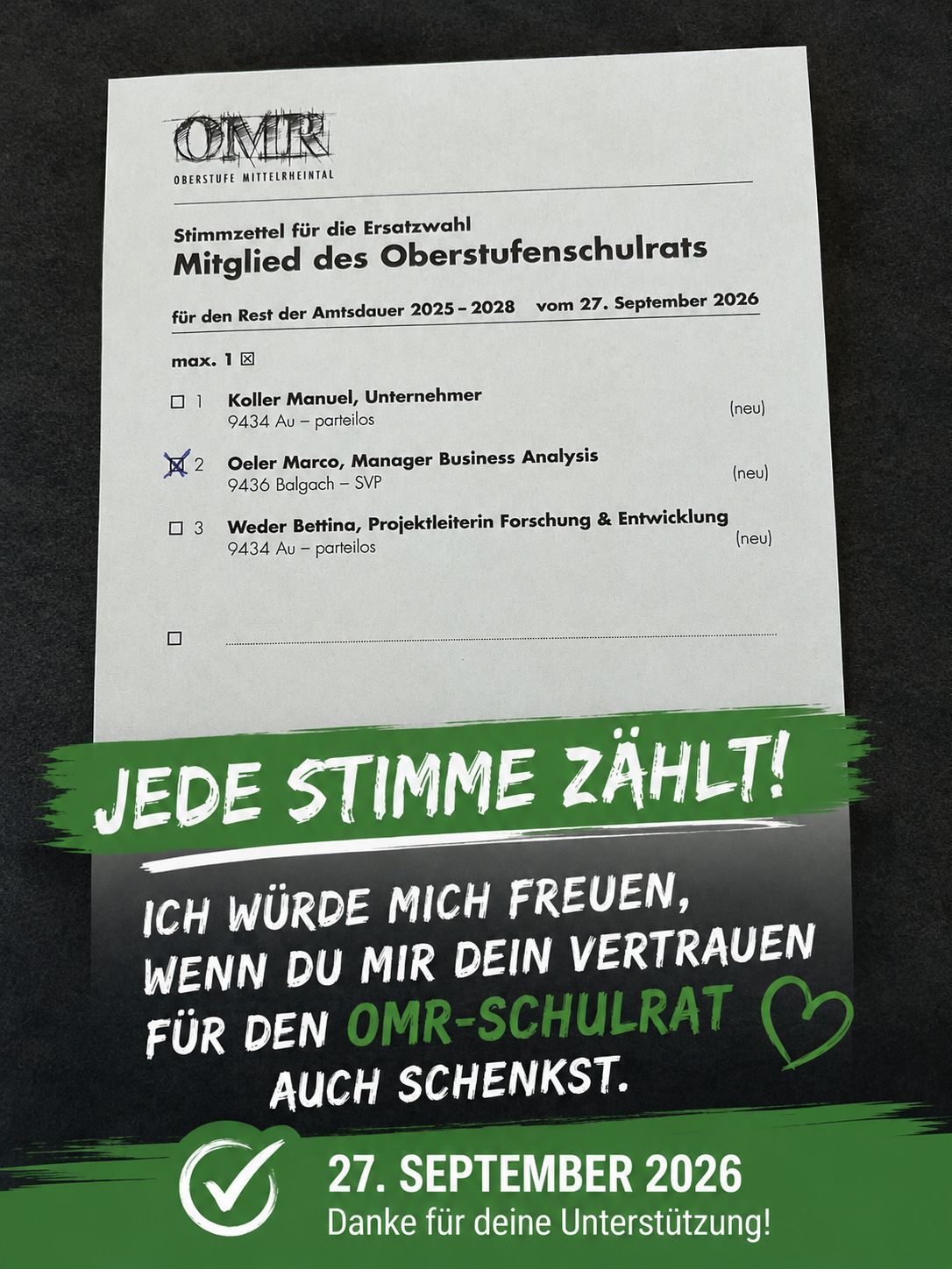 A ballot paper for the replacement election of the upper school council for the remaining term 2025-2028 from September 27, 2026. It includes three candidates with their addresses and roles. The bottom part of the paper has a green banner with the text 'Jeder Stimme zahl!' and a heart symbol.