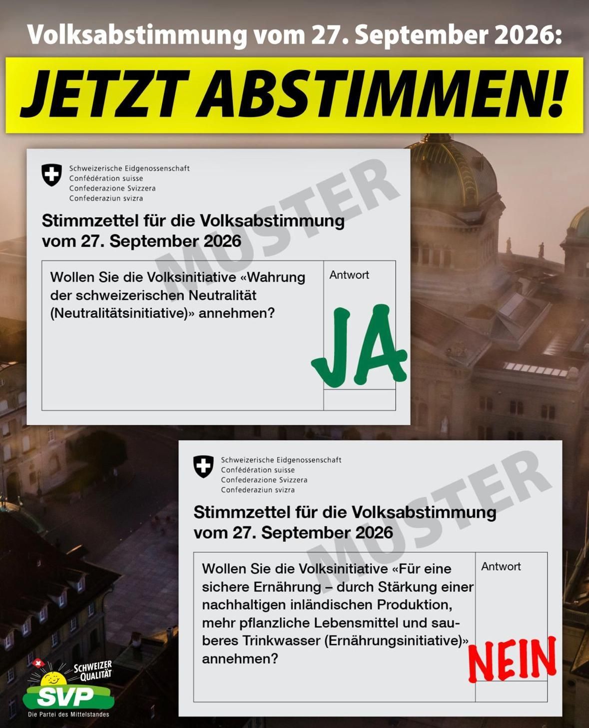 Schweizer Stimmzettel für die Volksabstimmung am 27. September 2026, die fragt, ob die Bürger die "Initiative für Schweizer Ernährungssicherheit" annehmen wollen, um die inländische Lebensmittelproduktion und Wassererhaltung zu verbessern.
