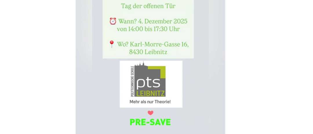 Tag der offenen Tür an der Schule. Die Veranstaltung findet am 4. Dezember 2025 von 14:00 bis 17:30 Uhr in der Karl-Morre-Gasse 16, 8430 Leibnitz statt. Mehr als nur Theorie. Vormerken.