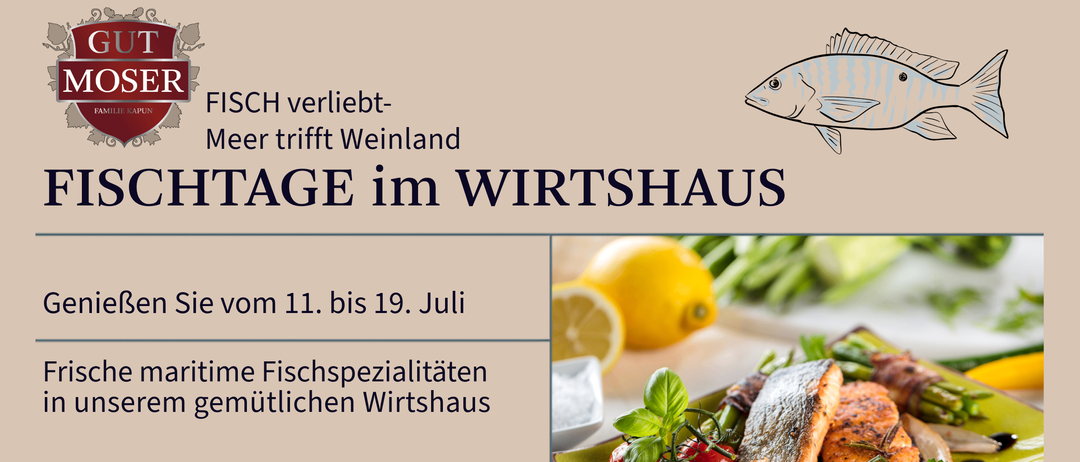 An advertisement for seafood specialties in a restaurant from July 11-19. A plate with salmon and vegetables, accompanied by a QR code for reservations.
