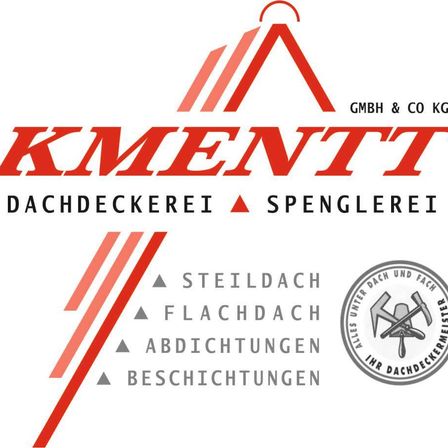 Das Logo für KMENTT Dachdeckerei Spenglererei, mit Stahldächern, Flachdächern, Abdichtungen, Beschichtungen, und einem Wappen, in GMBH & Co KG.