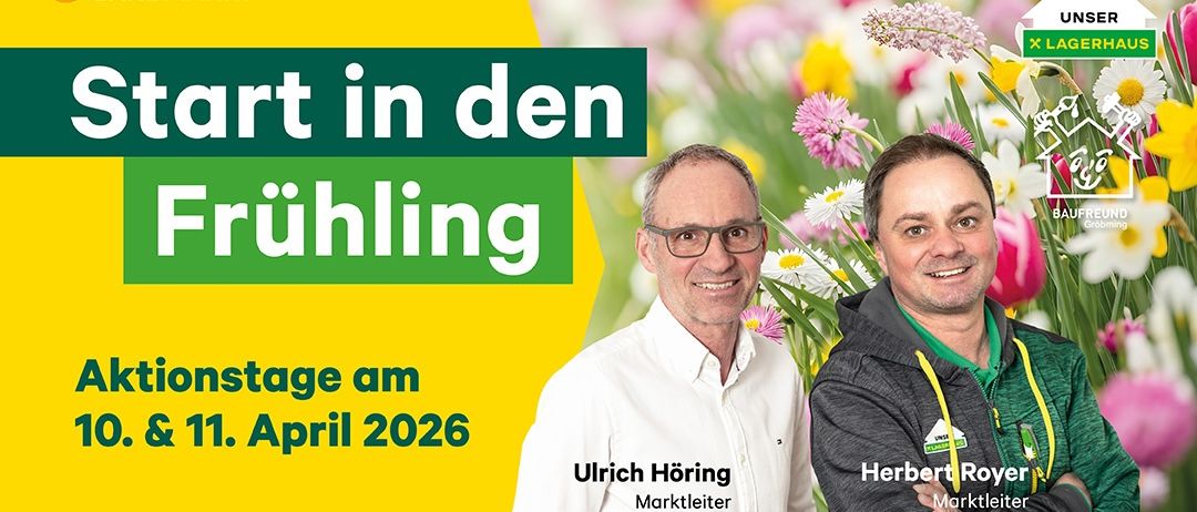 Zwei Männer lächeln vor einem Blumenhintergrund. Ulrich Höring und Herbert Roye stehen vor Blumen. Die Veranstaltung findet am 11. April 2026 statt.