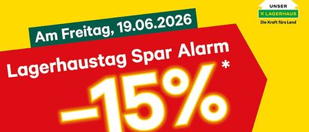 Rotes Banner mit weißem Text auf gelbem Hintergrund, das einen Rabatt von 15% bewirbt. Datum: Freitag, 19. Juni 2026. Auf dem Banner steht 'Spar Alarm'.