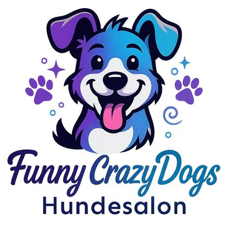 Ein Logo für ein Hundesalon mit einem gezeichneten Hund in Blau- und Lilatönen, umgeben von Pfotenabdrücken und Sternen, mit dem Text Funny Crazy Dogs Hundesalon.