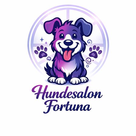 Ein violetter Hund mit großen Augen sitzt in einem kreisförmigen Logo mit Pfotenabdrücken, benannt Hundesalon Fortuna.