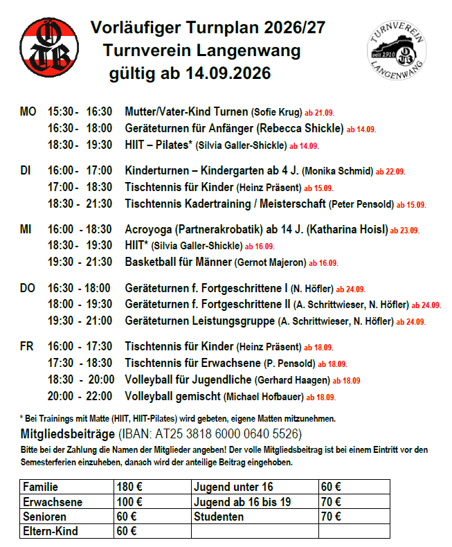 A schedule for the gymnastics club Langenwang for the period 2026/27, showing various classes and activities with dates, times, and instructors. It includes details about membership fees and payment instructions.