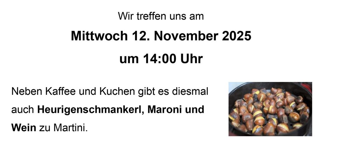 Ein Bild eines Cafe-Events mit einem Tisch voller Essen, Wein und Snacks. Das Event findet am Mittwoch, 12. November 2025, um 14:00 Uhr statt. Es gibt Kaffee, Kuchen, lokale Leckereien, Pasta und Wein.