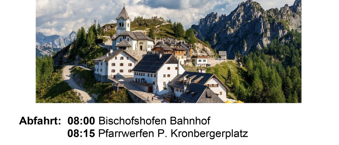 Ein Plakat für Mittwoch, 17. Juni 2026, zeigt ein Bergdorf mit Kirche und Bergen. Abfahrtszeiten und Preis für Bus- und Seilbahnfahrt sind angegeben.
