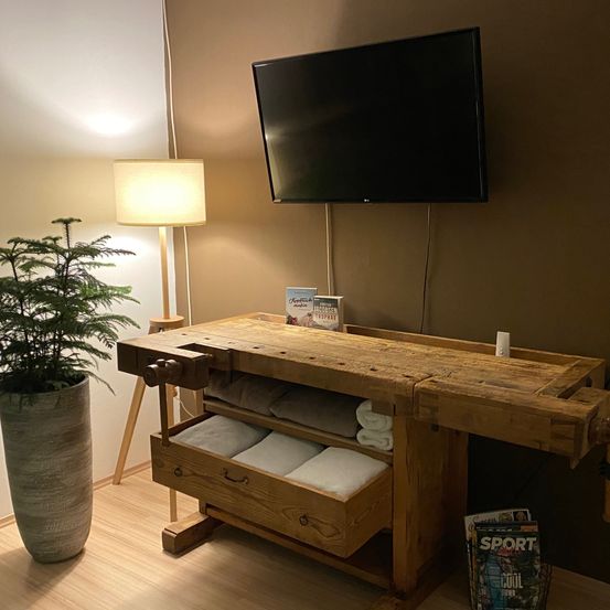 Bild enthält, Hardwood, Stained Wood, Wood, Table, Interior Design, Desk, Computer Hardware, Monitor, Screen, Plant