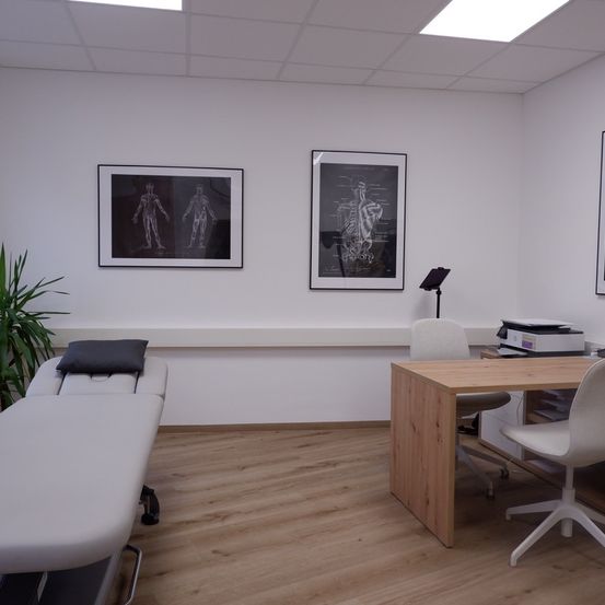 Ein leeres Arztzimmer mit Schreibtisch, Stuhl, Drucker und gerahmten anatomischen Diagrammen an der Wand. Ein Massagetisch mit Kissen steht links.
