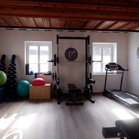 Ein Fitnessraum mit Holzdecke und -boden. Verschiedene Trainingsgeräte sind vorhanden, darunter ein Laufband, ein Gewichtsregal und mehrere Übungsbälle. Auf beiden Seiten des Raumes befinden sich zwei Fenster.