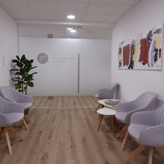 Ein leerer Empfangsbereich mit Holzböden und grauen Stühlen. Eine große Glaswand ist mit 'Physio Plus Therapieinstitut St. Florian' beschriftet. Eine Pflanze und ein abstraktes Gemälde sind an den Wänden angebracht.