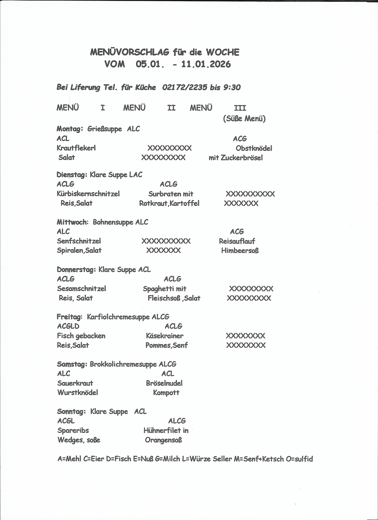 Wöchentliches Menü für einen Catering-Service. Beinhaltet Optionen für Montag bis Sonntag. Jeder Tag hat eine Suppe, ein Hauptgericht und ein Dessert. Zutaten und Zubereitungsmethoden sind aufgelistet.