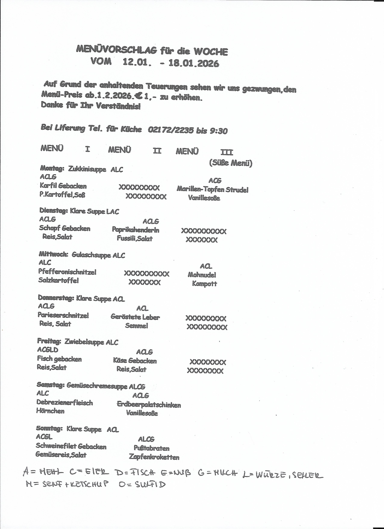 Ein Menü mit verschiedenen Kategorien, einschließlich Dessert- und vegetarischen Optionen. Es enthält Suppe, Fleisch-, Fisch- und Gemüsegerichte. Lieferung auf Anfrage. Menüpreise erhöht auf 1 € aufgrund hoher Kosten. Lieferung bis 21:30 Uhr.