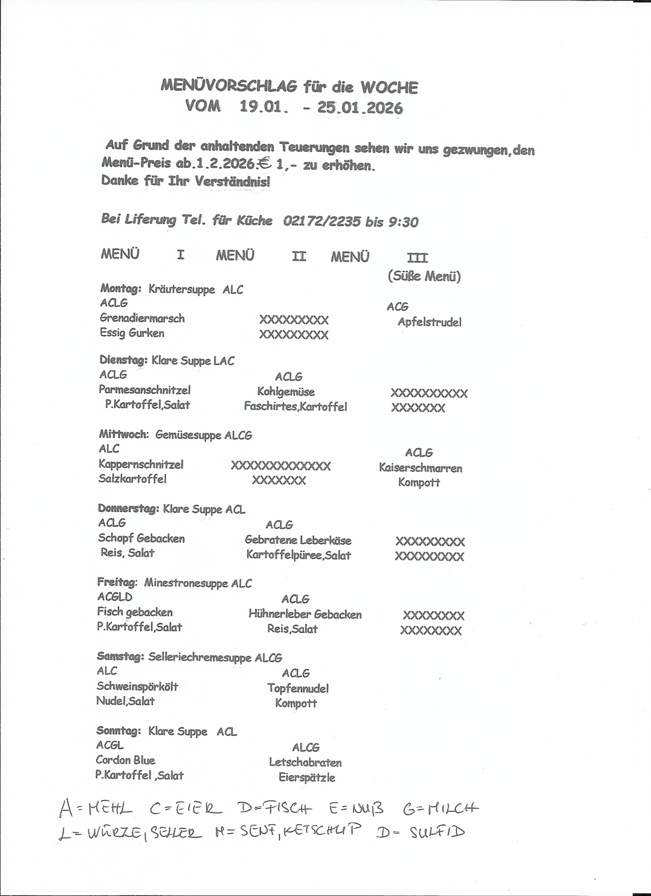Das Menü für eine Woche ist angezeigt. Es enthält Suppen, Gemüse, Fleisch und Desserts. Jeder Tag hat ein anderes Menü. Das Menü beginnt am Montag und endet am Sonntag. Die Preise sind angegeben. Lieferung ist verfügbar.