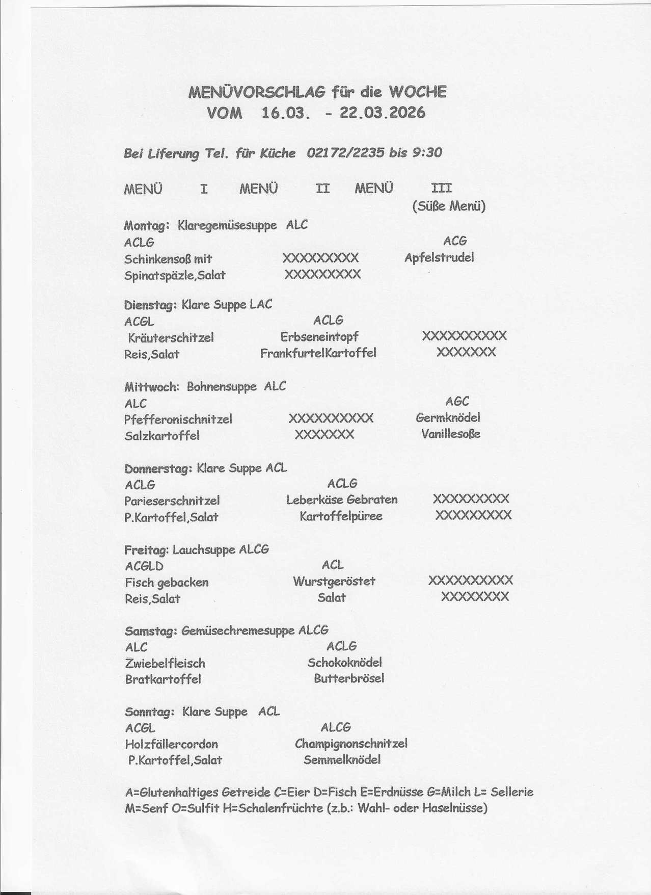 Wöchentliches Menü mit Suppen und Mahlzeiten. Montag bietet klare Gemüsesuppe mit Huhn und Gemüse, Dienstag hat klare Suppe mit Huhn und Gemüse. Mittwoch bietet Bohnensuppe mit Gemüse und Gewürzen, Donnerstag hat klare Suppe mit Huhn und Gemüse. Freitag bietet Gemüsecremesuppe mit Huhn und Gemüse. Samstag hat klare Suppe mit Huhn und Gemüse, Sonntag bietet klare Suppe mit Huhn und Gemüse.