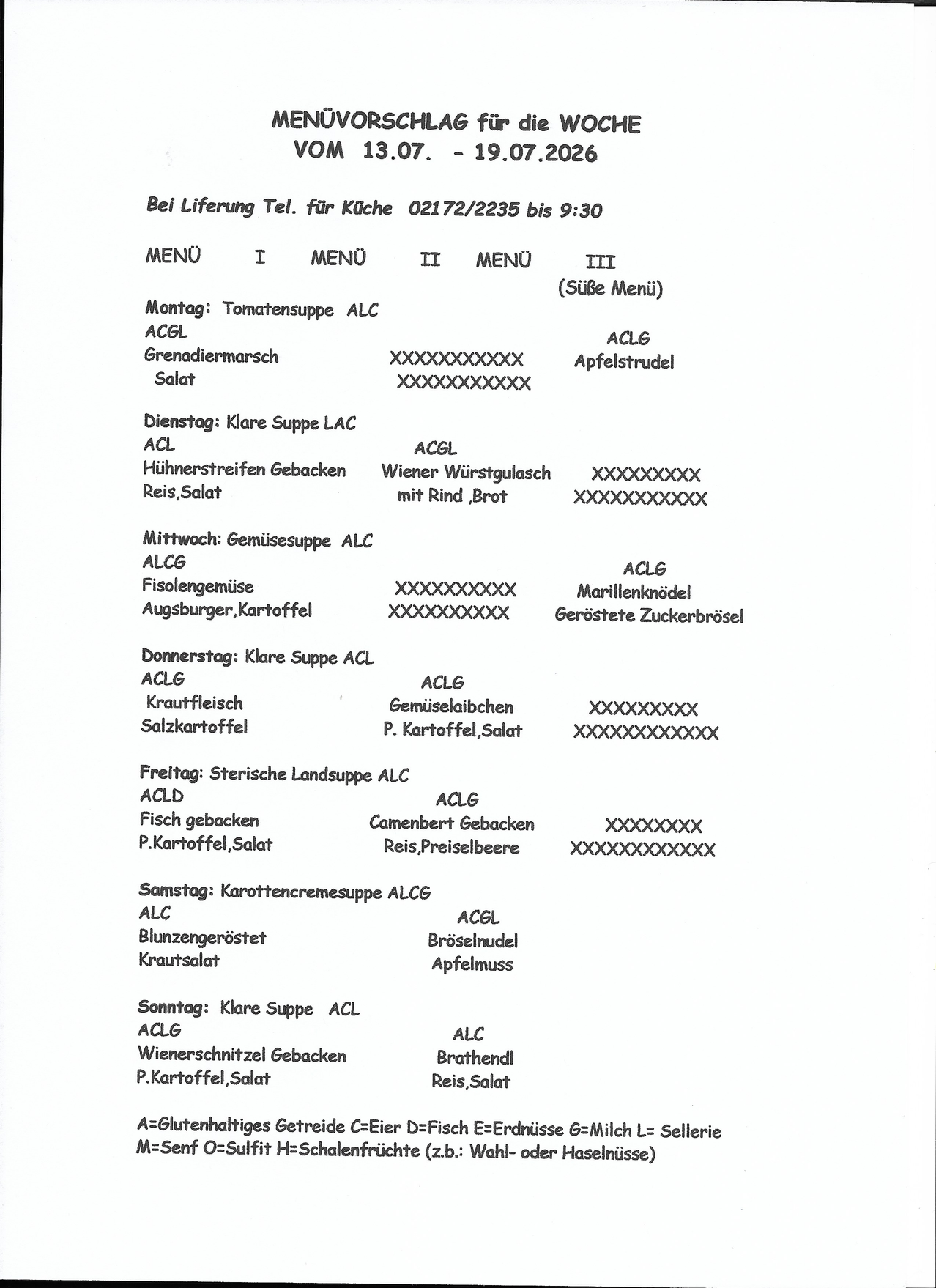 A menu with various dishes listed for different days, including tomato soup, chicken breast, and vegetable soup. Each dish is accompanied by a price. The menu is divided into sections for vegetarian and non-vegetarian options.