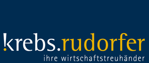Blauer Hintergrund mit weißen und gelben Text. Der Text lautet 'Krebs. Rudorfer' und darunter 'Ihre Wirtschaftssteuerhander'. Das Design ist schlicht und modern.