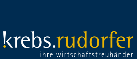 Blauer Hintergrund mit weißen und gelben Text. Der Text lautet 'Krebs. Rudorfer' und darunter 'Ihre Wirtschaftssteuerhander'. Das Design ist schlicht und modern.
