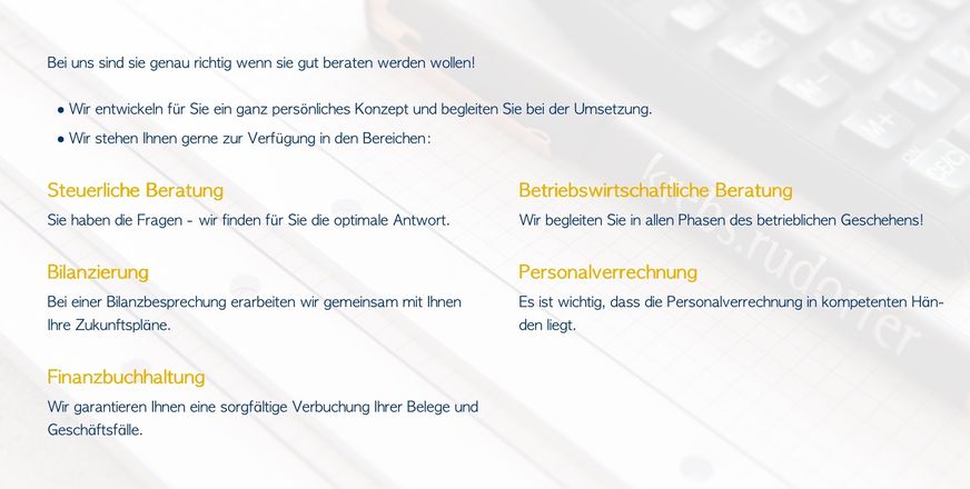 Das Bild zeigt ein Finanzdienstleistungsunternehmen, das eine persönliche Beratung, Personalbuchhaltung und die Sicherstellung optimaler Antworten anbietet. Es betont die Wichtigkeit der persönlichen Kalkulation und stellt sicher, dass sie mit den Bedürfnissen der Kunden übereinstimmt.