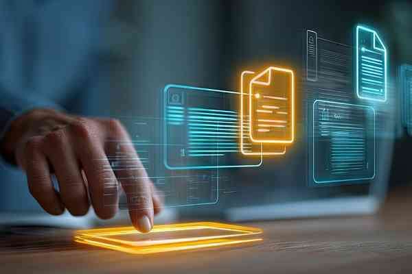 A person's hand interacts with a glowing yellow tablet on a wooden table, surrounded by digital icons.